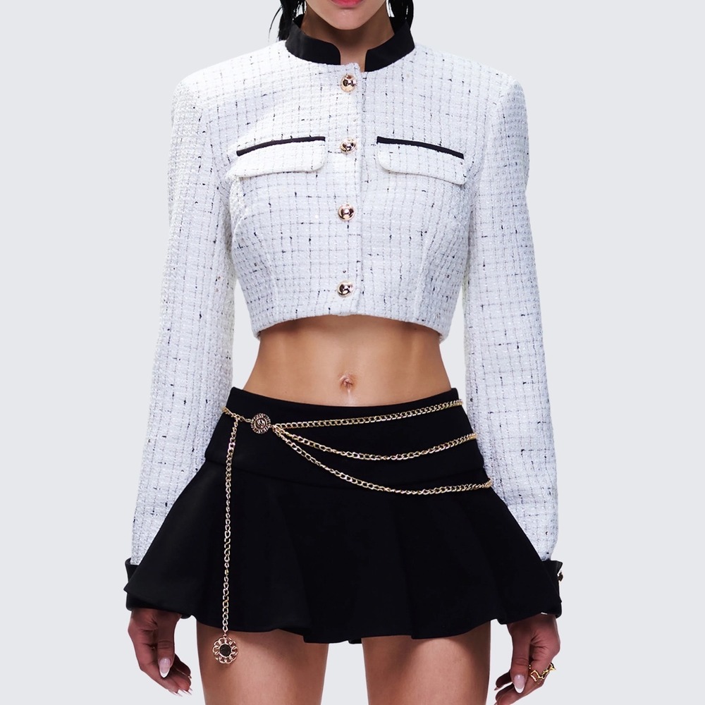 Finesse‎ Womens Ivory Tweed Sequin Cropped Old Money Preppy Blazer Jacket Size L